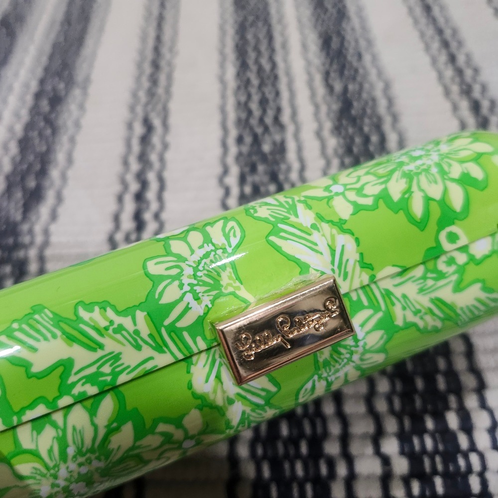 Lilly Pulitzer Green Floral Hard Shell Clutch Bag Gold Logo Clasp Minaudiere - Picture 2 of 9